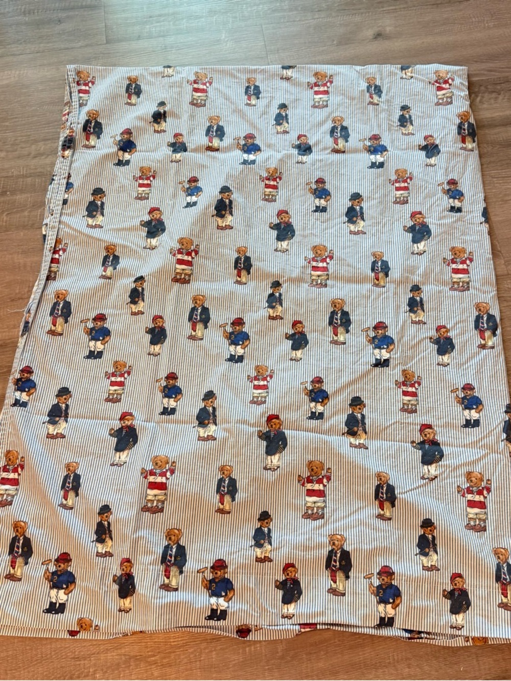 Vintage Ralph Lauren Polo Bear Full Flat Sheet 2 Pillowcases Blue Stripe USA 90s - Picture 5 of 11